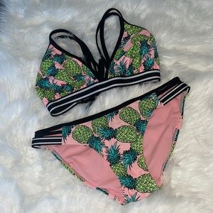 Pineapple Neon Bikini Pink Lime Green Black/White Stripe Elastic Stretch M/DD